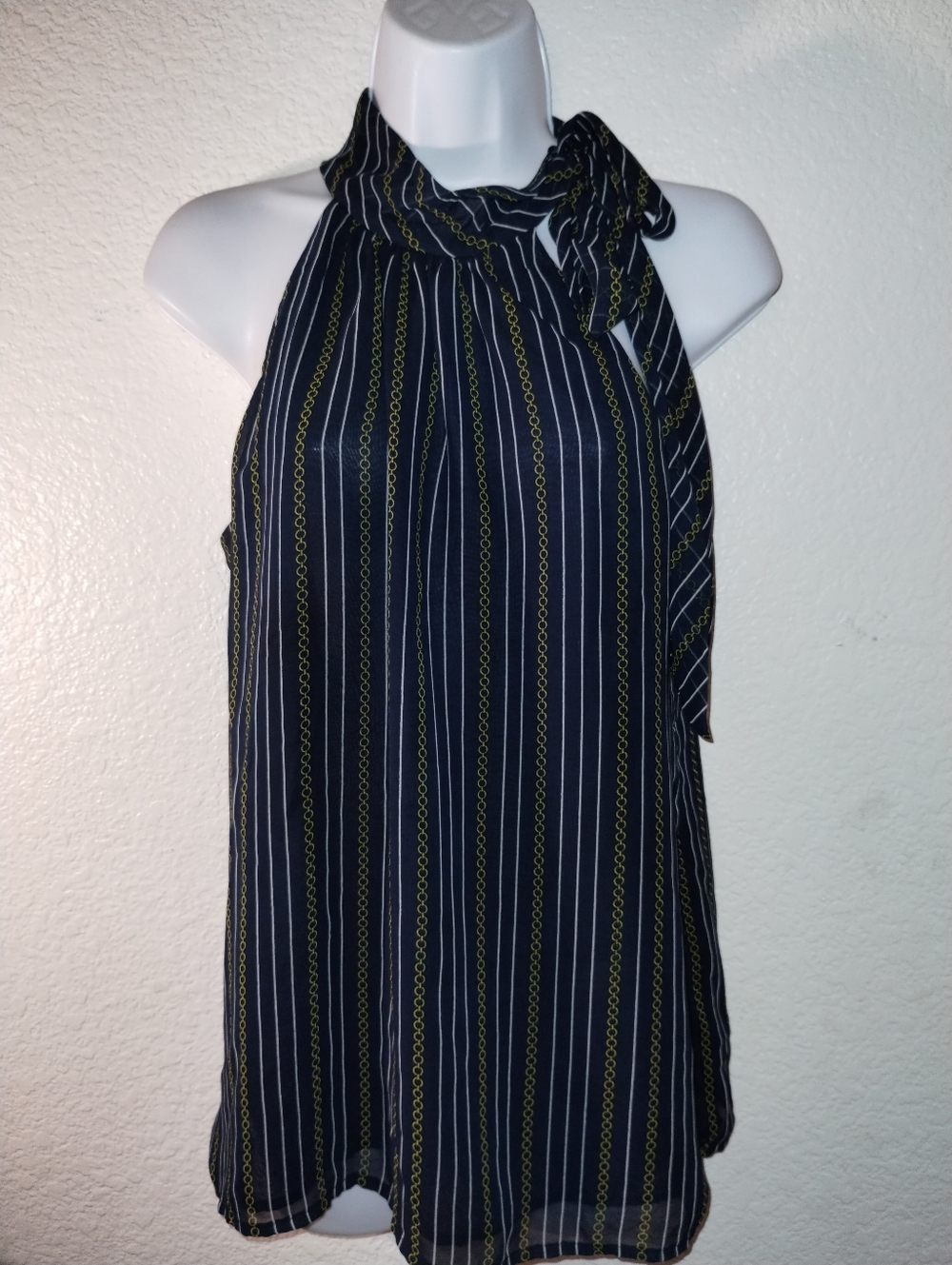 Banana Republic Navy Yellow Chain-Print Tie Neck Top sz XS